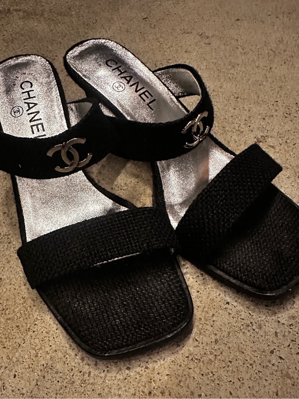 CHANEL Black Two-Band CC Logo Slide Mules